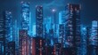 © plaksa - Nighttime view of a technologically advanced city with sleek, illuminated skyscrapers. Premium background for the latest technology needs.