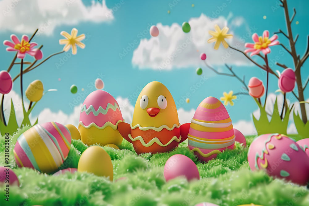 Cartoon style, colorful Easter eggs and chick on green grass with trees ...