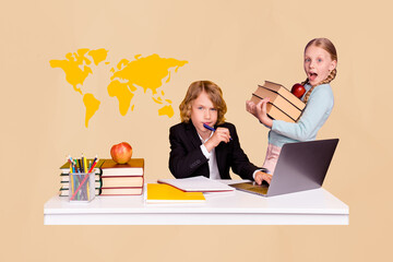 Wall Mural - Composite photo collage of two school girl boy online study elearn concept desk supplies macbook device book isolated on painted background