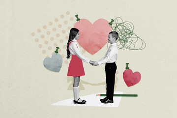 Poster - Composite photo collage of happy schoolgirl boy hold hands heart valentine day holiday bonding school event isolated on painted background