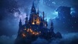 © CRISPIFLY - Enchanted castle on a hill with glowing turrets and a softly illuminated setting
