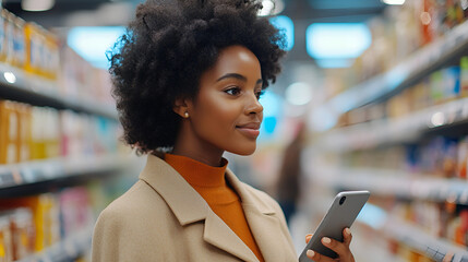 Wall Mural - Happy smiling African woman with curly hair in beige coat shopping in supermarket and use smartphone for help.