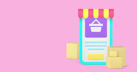 Poster - Online shopping smartphone application awning store shop marketplace 3d icon animation. Internet supermarket market cyberspace retail service mobile phone app