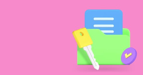 Poster - Key takeaway business document folder with pass 3d icon animation loop. Database archive important information storage security password main point decision
