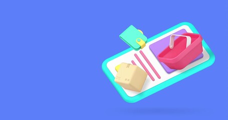 Poster - Online shopping smartphone application order payment delivery 3d icon animation loop. Internet shop store grocery supermarket marketplace service mobile phone app