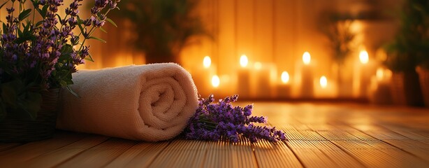 Wall Mural - A serene spa setting with a warm towel and a sprig of lavender on a bamboo mat