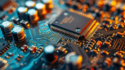 Poster - close up view of a complex microchip showcasing advanced semiconductor technology