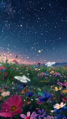 Wall Mural - summer night in a flowering meadow under the stars seamless looping overlay 4k virtual video animation background