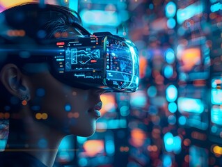 Poster - Person Interacting with Augmented Reality Digital Objects in Futuristic Technology Concept