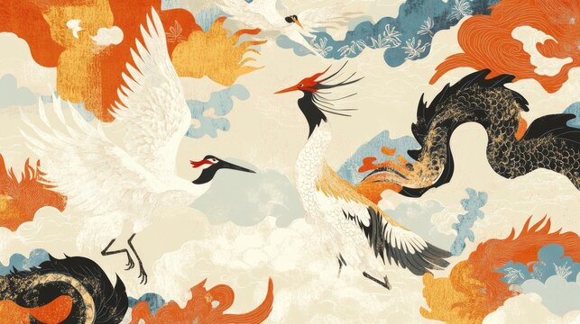 Whimsical abstract background with auspicious animals including cranes, dragons, and tigers, providing ample space for text and decorative elements