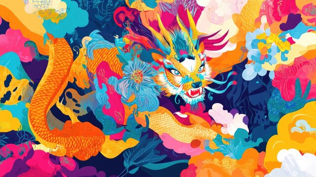 Whimsical abstract design showcasing auspicious animals such as dragons, tigers, and elephants, with a vibrant backdrop and room for text