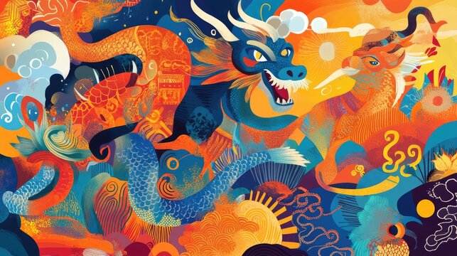Whimsical abstract design showcasing auspicious animals such as dragons, tigers, and elephants, with a vibrant backdrop and room for text
