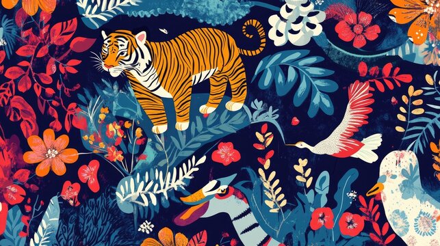 Whimsical abstract pattern with auspicious creatures such as tigers, cranes, and elephants, featuring a playful background and space for text
