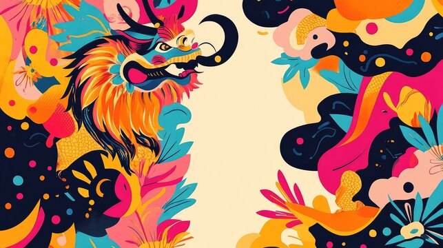 Whimsical abstract pattern with lucky animals such as the lion, dragon, and crane, with a vibrant background and space for text