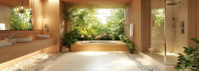 Poster - Modern Bathroom with Garden View and Hot Tub