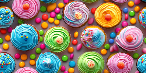 Wall Mural - Colorful cupcakes with fun patterns and tiny candies, arranged in a lively, celebratory setting, seamless pattern