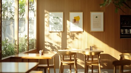 Warm cafe space with wooden decor and sunlight.