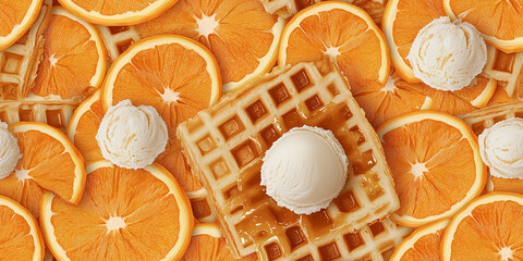 Canvas Print - Waffles with vanilla ice cream, caramel sauce, vibrant orange slices, seamless pattern