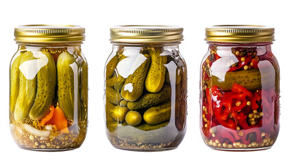 jars of pickled vegetables on isolated background