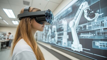 Young Woman Wearing VR Headset in Front of Industrial Robot Diagram.