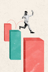 Poster - Vertical poster collage young man employee career promotion overcome step go platform persistence motivation reach goal success