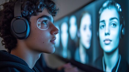 Young Man with Headphones Looking at Screen