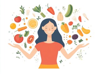 Wall Mural - Vibrant and Colorful Flat Design Depicting the Concept of Women s Health Healthy Lifestyle and Balanced Nutrition  Showcasing Wellness Fitness and Self Care Elements