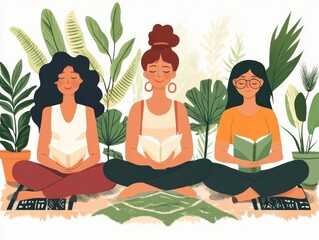 Wall Mural - Holistic Wellness and Self Care Practices for Modern Women s Wellbeing  Flat design depicting various elements of a healthy lifestyle including meditation yoga skincare