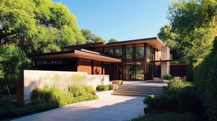 Modern house exterior with lush green garden and driveway, on a sunny day.