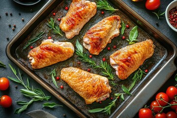 Wall Mural - A tray of chicken wings with herbs and spices on top. The chicken wings are arranged in a row and surrounded by fresh herbs