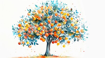 Wall Mural - watercolor painting of a tree with fruit on white background