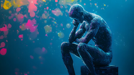Poster - Digital Tech-Themed 'The Thinker' Statue Illustration
