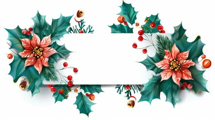 Wall Mural - Invitation card decorated with glossy holly on white background