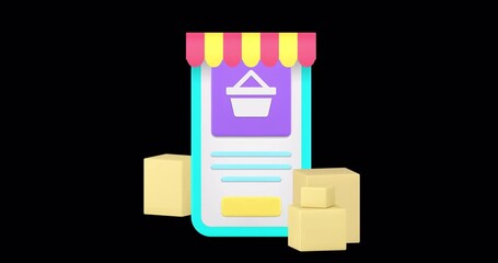 Poster - Online shopping smartphone application awning store shop marketplace 3d icon animation with alpha channel. Internet supermarket market cyberspace retail service mobile phone app