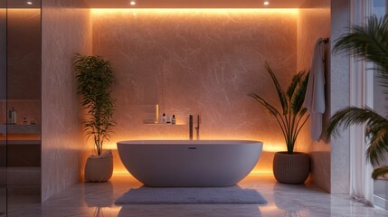 Poster - Modern Bathroom with Freestanding Tub and Warm Lighting