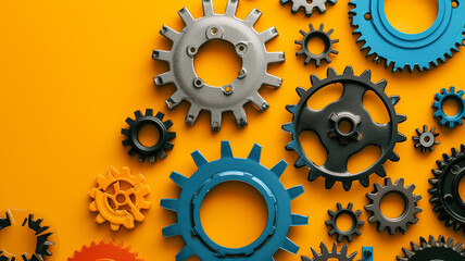 Various vibrant mechanical gears aligned on a flat yellow surface, symbolizing business agility and modern management practices