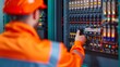 © kokoson6 - A worker in an orange safety suit adjusts controls on an electrical panel in a modern industrial setting.