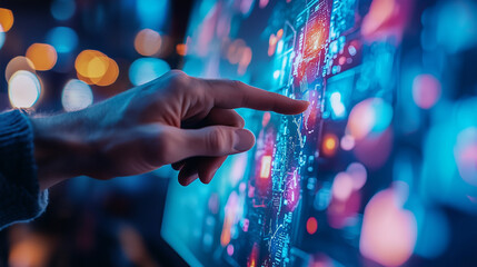 Wall Mural - close-up of hands pointing at interactive touchscreen tv