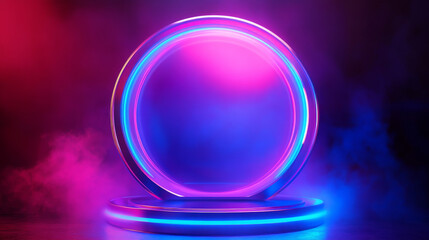 Poster - Game portal UI featuring hologram light technology and a neon circle effect. Futuristic game technology with a round podium and a bright aura wrap. Teleportation to a sci-fi universe depicted with a r