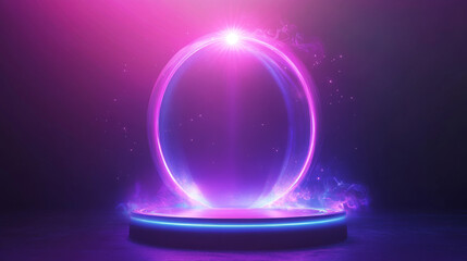 Poster - Game portal UI featuring hologram light technology and a neon circle effect. Futuristic game technology with a round podium and a bright aura wrap. Teleportation to a sci-fi universe depicted with a r
