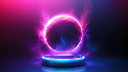 Poster - Game portal UI featuring hologram light technology and a neon circle effect. Futuristic game technology with a round podium and a bright aura wrap. Teleportation to a sci-fi universe depicted with a r