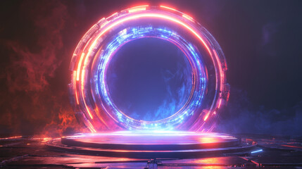 Poster - Game portal UI featuring hologram light technology and a neon circle effect. Futuristic game technology with a round podium and a bright aura wrap. Teleportation to a sci-fi universe depicted with a r