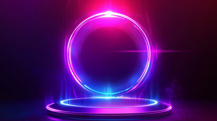 Poster - Game portal UI featuring hologram light technology and a neon circle effect. Futuristic game technology with a round podium and a bright aura wrap. Teleportation to a sci-fi universe depicted with a r