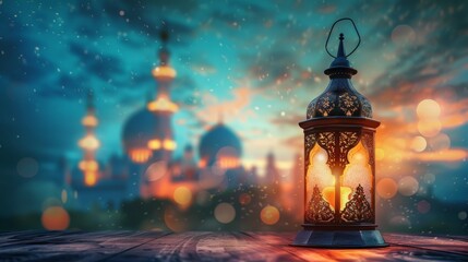 Eid mubarak image  mosque silhouette with glowing lantern, ramadan greeting card design