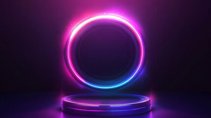 Poster - Game portal UI featuring hologram light technology and a neon circle effect. Futuristic game technology with a round podium and a bright aura wrap. Teleportation to a sci-fi universe depicted with a r