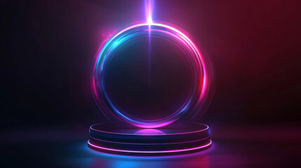 Poster - Game portal UI featuring hologram light technology and a neon circle effect. Futuristic game technology with a round podium and a bright aura wrap. Teleportation to a sci-fi universe depicted with a r