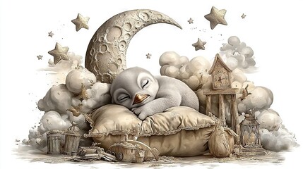 Wall Mural -   An image of a bird peacefully resting on a cushion while gazing at the starry crescent moon behind it