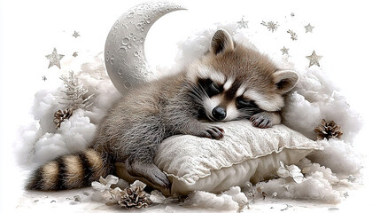 Wall Mural -   A raccoon snoozes on a pillow under a moonlit sky