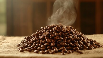 Heap of fresh roasted coffee beans on burlap fabric with steam rising above.