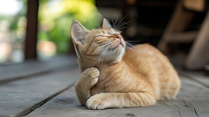 Wall Mural - Flea cat itching its neck with paw on porch in outdoors